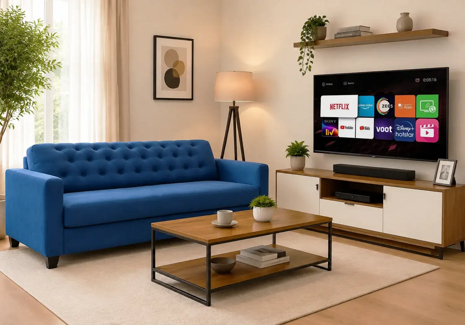 Aria 3-Seater Sofa Blue (Button Tufted) and Smart LED TV 32-Inch Combo